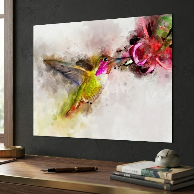 Hummingbird mit Blume Wasserfarbe - 04 Poster (Hummingbird Feeding on Pink Flower Watercolor. Poster)