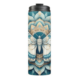 Hummingbird Moth Mandala in Gold, Weiß und Blau Thermosbecher