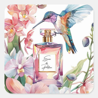 Hummingbird & Parfüm Aquarell Blumenaufkleber Quadratischer Aufkleber