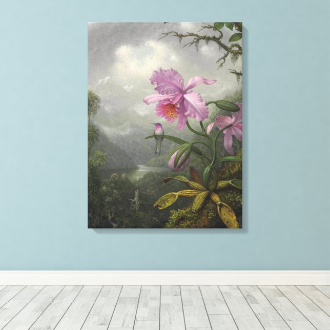 Hummingbird Perched on an Orchid Plant by MJ Heade Leinwanddruck (Insitu (Holzboden))
