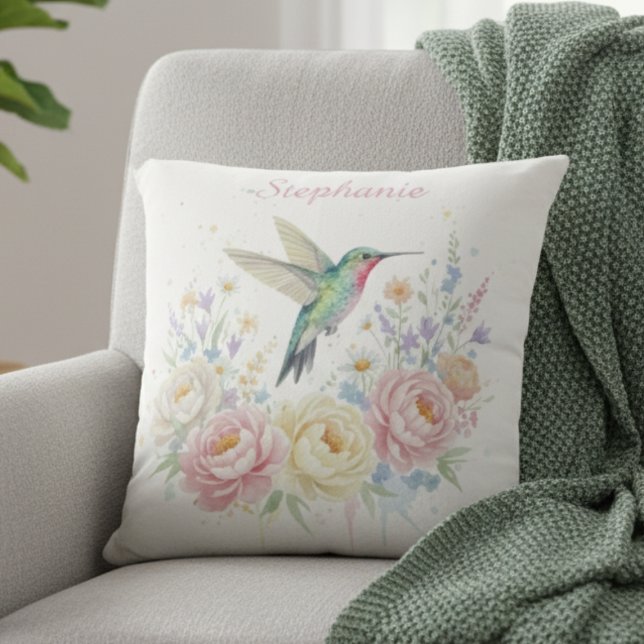 Hummingbird Pillow – Pastel Floral Watercolor Gift Kissen (Watercolor floral hummingbird decorative pillow)