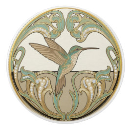 Hummingbird Sage Green & Gold Art Deco Nouveau Keramikknauf