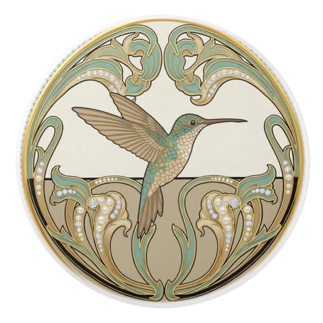 Hummingbird Sage Green & Gold Art Deco Nouveau Keramikknauf (Vorderseite)