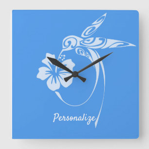 Hummingbird Simple & Elegant Blue & White Quadratische Wanduhr