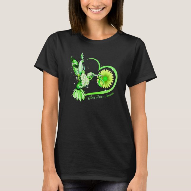 Hummingbird Sonnenblume Herz Grün Ribbon Niere Di T-Shirt (Vorderseite)