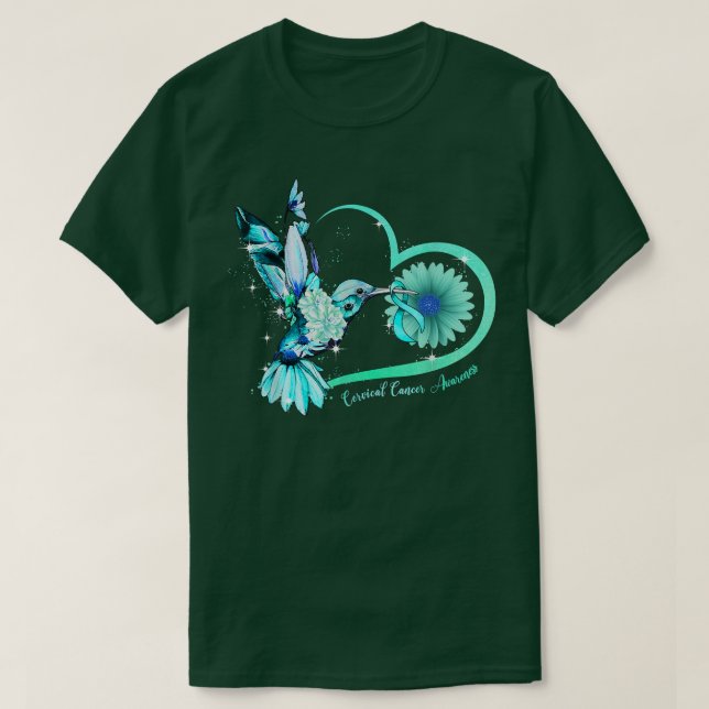 Hummingbird Sonnenblumen Herz Aquamarin Ribbon Cer T-Shirt (Design vorne)