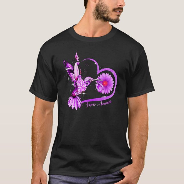 Hummingbird Sonnenblumen Herz Lila Ribbon Lupus Aw T-Shirt (Vorderseite)