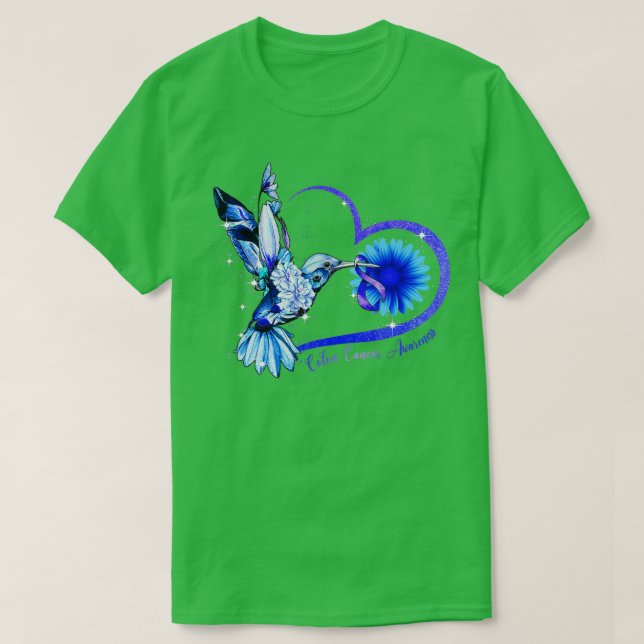 Hummingbird Sunflower Blue Ribbon Colon Cancer Awa T-Shirt (Design vorne)