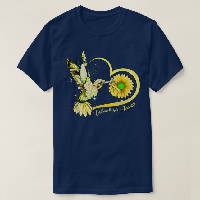 Hummingbird Sunflower Heart Yellow Ribbon Endomete T-Shirt (Design vorne)