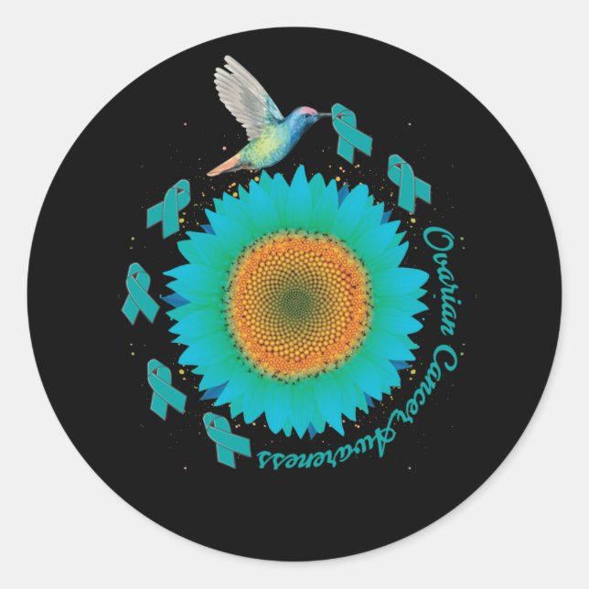 Hummingbird Sunflower Teal Ribbon Ovarian Cancer Runder Aufkleber (Vorderseite)
