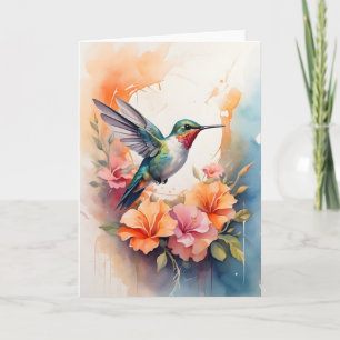 Hummingbird umgeben von farbenfrohen Blume Blank Karte
