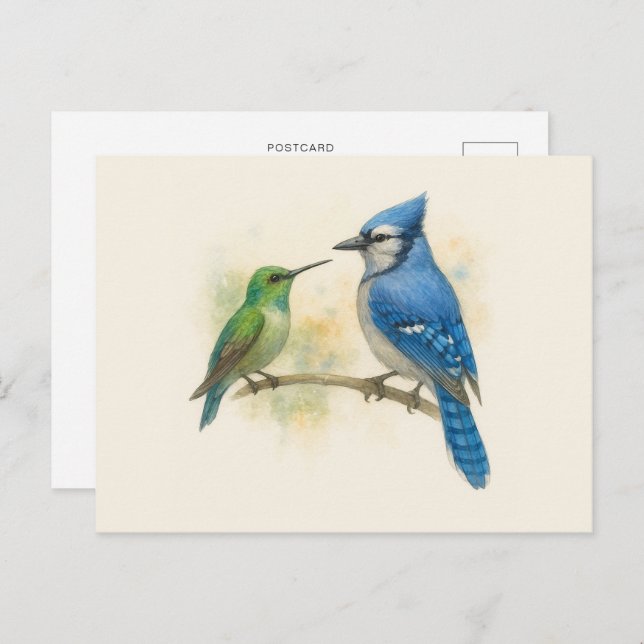 Hummingbird und Blue Jay Nature Postkarte (Vorne/Hinten)