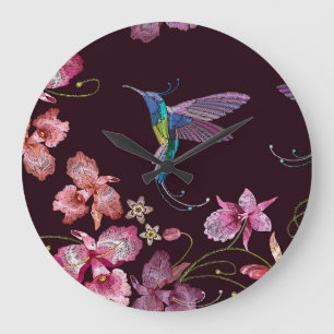 Hummingbird und Orchideen, tropische nahtlose Mode Große Wanduhr