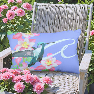 Hummingbird und Pink Columbine Blume Monogram Blue Kissen Für Draußen