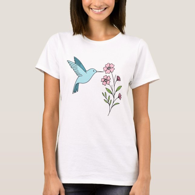 Hummingbird und Pink Floral Illustration T-Shirt (Vorderseite)
