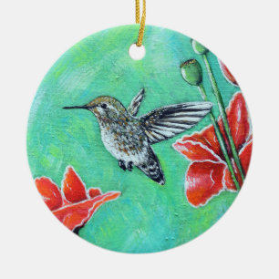 Hummingbird und Poppies Painting Keramik Ornament