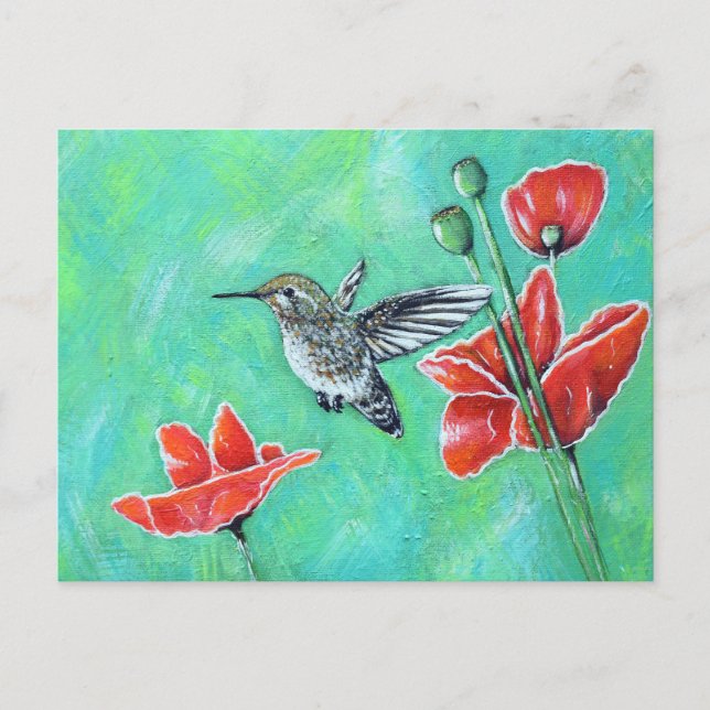 Hummingbird und Poppies Painting Postkarte (Vorderseite)