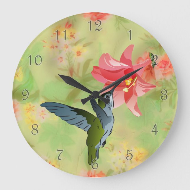 Hummingbird und Rosa Liege auf Blumenmuster Große Wanduhr (Vorderseite)