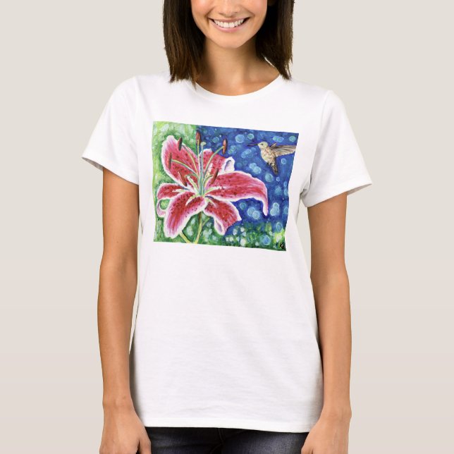 Hummingbird und Stargazer Lily Painting T-Shirt (Vorderseite)