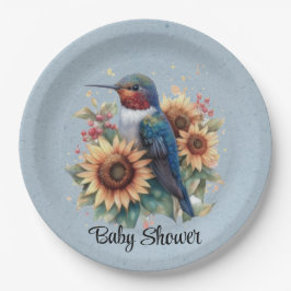Hummingbird und Sunflower Blue Baby Dusche Pappteller