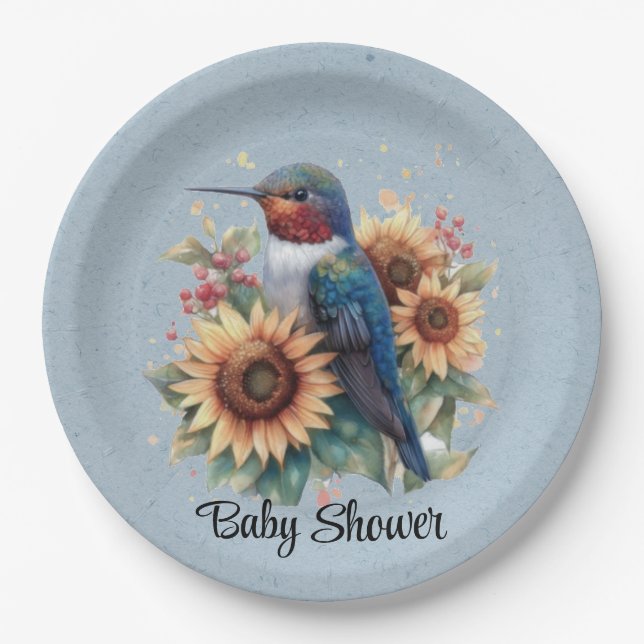 Hummingbird und Sunflower Blue Baby Dusche Pappteller (Vorderseite)