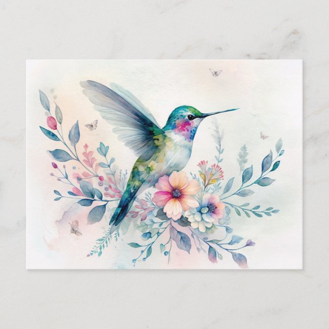 Hummingbird und Wildblumen Wasserfarbe Postkarte (Vorderseite)