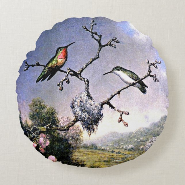 Hummingbirds and Apple Blossoms Rundes Kissen (Vorderseite)