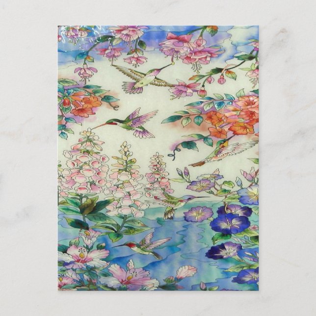 Hummingbirds and Pink flowers stained glass WOW Postkarte (Vorderseite)