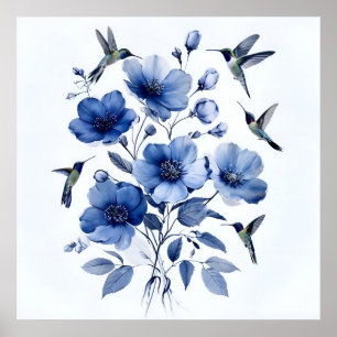 Hummingbirds Blau und Weiß Elegante Blumenkunst Poster