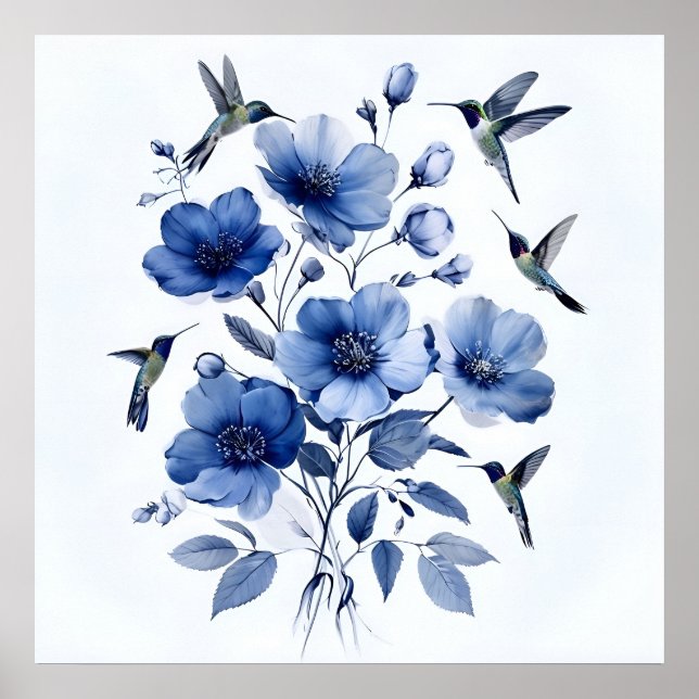 Hummingbirds Blau und Weiß Elegante Blumenkunst Poster (Vorne)