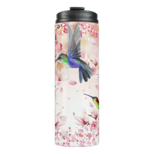 Hummingbirds Flowers Pink Glitter Thermosbecher