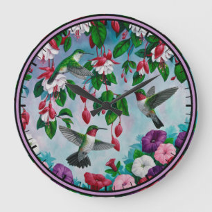Hummingbirds in Fuchsia Flower Garden Große Wanduhr