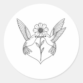 Hummingbirds in Heart Shape with Flower Line Art Runder Aufkleber