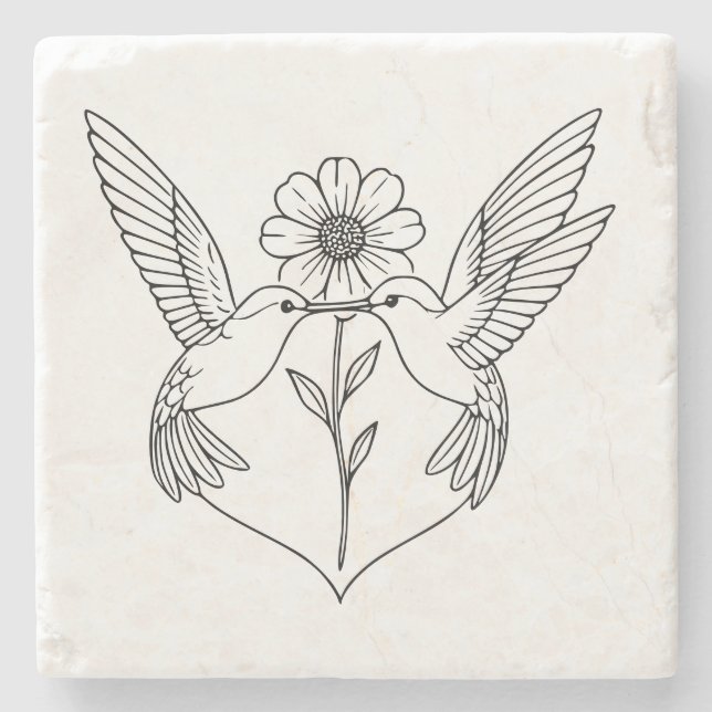 Hummingbirds in Heart Shape with Flower Line Art Steinuntersetzer (Vorderseite)