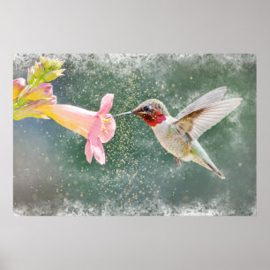 Hummingbird's Nectar Glow Watercolor Poster