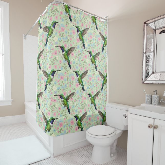 Hummingbirds on a floral background shower curtain duschvorhang (Beispiel)
