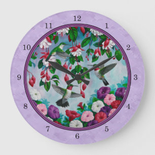 Hummingbirds Pink Fuchsia Blume Lavendel Große Wanduhr