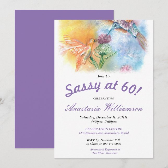 HUMMINGBIRDS SASSY MIT 60! PARTY EINLADUNG (Vorne/Hinten)