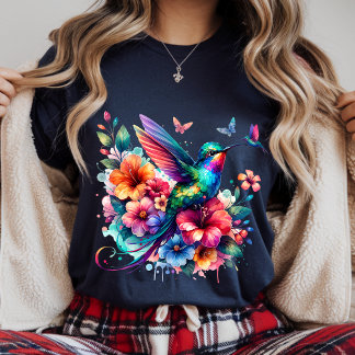 Hummingbirds With Colorful Floral Bouquet T-Shirt Tri-Blend Shirt