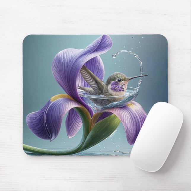 Hummingvogel baden in einem Iris-Blossom Mousepad (Mit Mouse)
