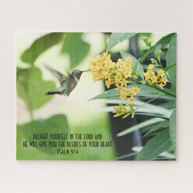 Hummingvogel bei Blume mit Vers von Psalm 37:4 Puzzle (Horizontal)