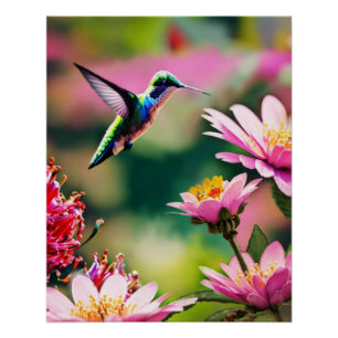 Hummingvogel fliegt zu einer Blume Glossy Poster