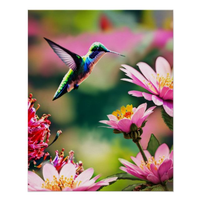 Hummingvogel fliegt zu einer Blume Glossy Poster (Vorderseite)