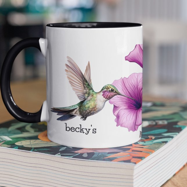 Hummingvogel mit Lila Blume Tasse (Personalize this two tone coffee mug with hummingbird and purple and pink flowers as a gift. )
