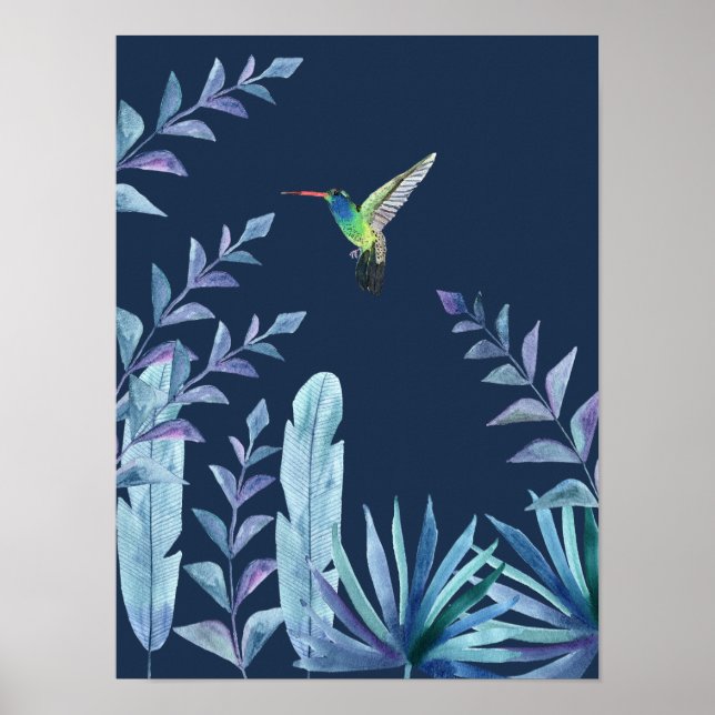 Hummingvogel mit tropischem Blattwerk in dunkelbla Poster (Vorne)