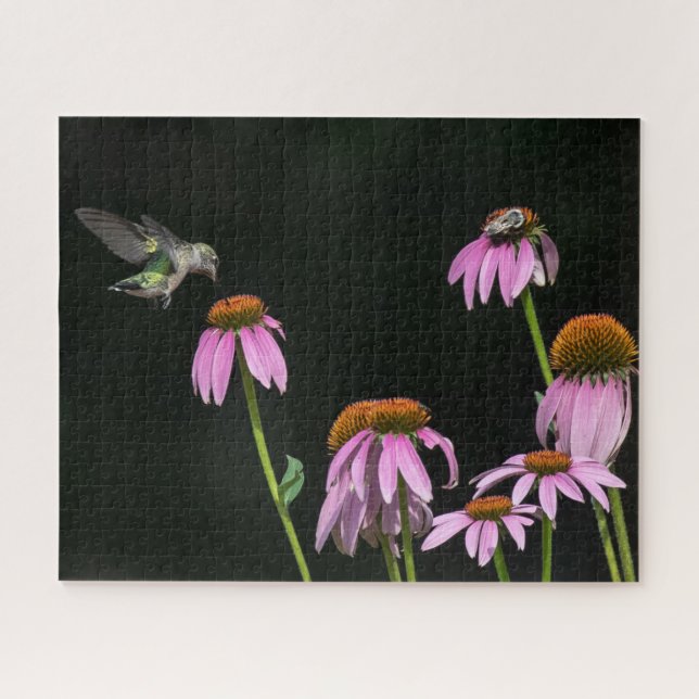Hummingvogel und Bienen teilen sich eine Blume Puzzle (Horizontal)