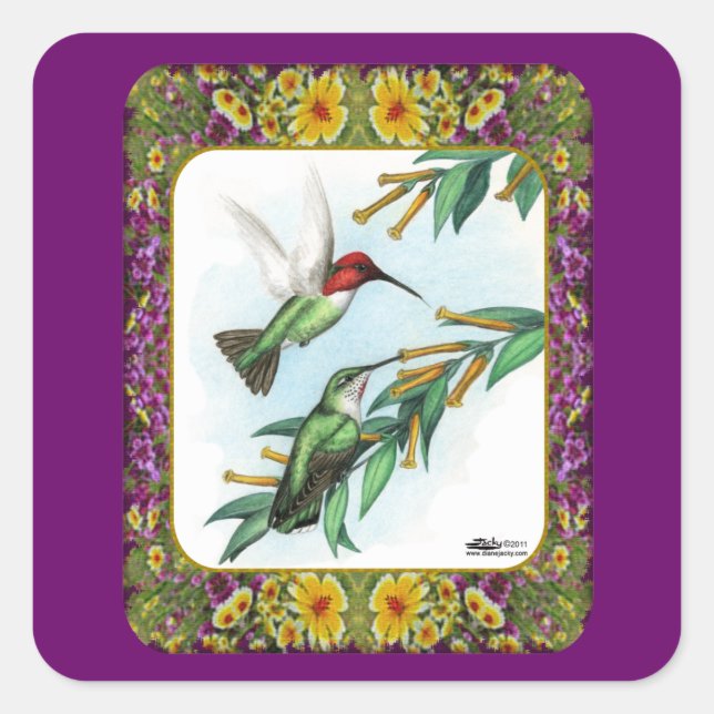 Hummingvögel und Blume #4 Quadratischer Aufkleber (Vorderseite)