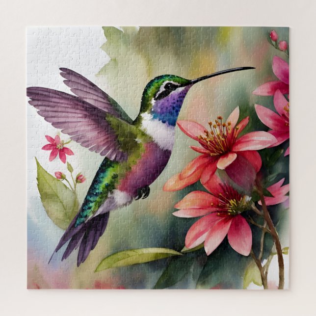 Hummingvogel und Blume Aquarellkunst Puzzle (Vertikal)