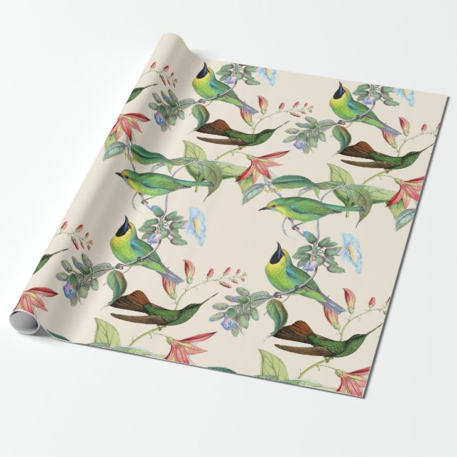 Hummingvögel und Blume auf leichter Creme Geschenkpapier (Ungerollt)