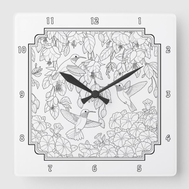 Hummingvögel und Blume Erwachsenenfarben Quadratische Wanduhr (Vorderseite)